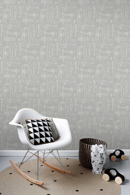 ESTAhome behang constructietekeningen van vliegtuigen taupe - 53 cm x 10.05 m - 128811