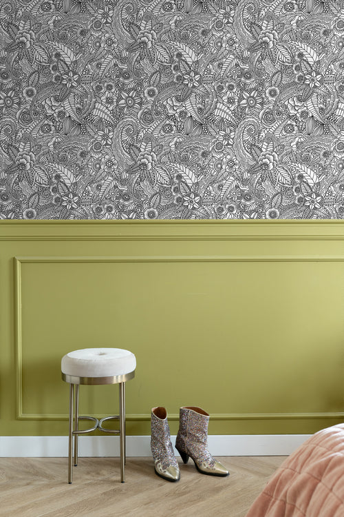 ESTAhome behang bloemtekeningen zwart en wit - 53 cm x 10,05 m - 148616