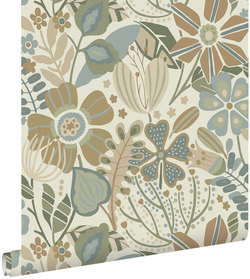 ESTAhome behang bloemmotief beige, blauw en groen - 53 cm x 10.05 m - 139676