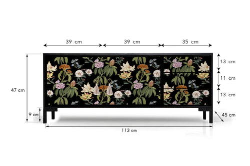 Meubel TV 2 deuren 3 lades JAN gelakt MDF met bloemenprint op zwarte achtergrond - vtwonen shop