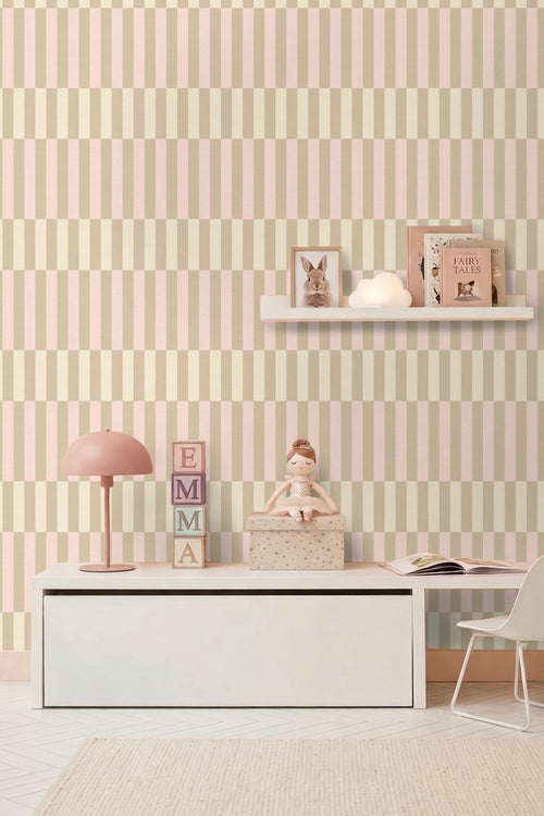 ESTAhome behang linnen-look strepen lichtgroen en licht roze - 50 x 900 cm - 132251