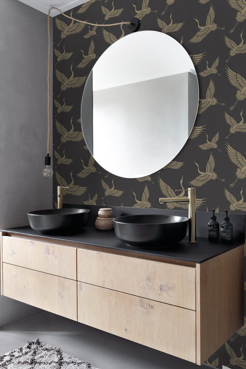 Origin Wallcoverings behang kraanvogels zwart en beige - 50 x 900 cm - 347810 - vtwonen shop