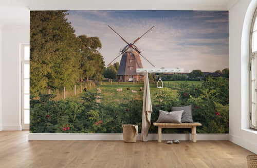 Sanders & Sanders fotobehang landschap met windmolen groen en blauw - 450 x 280 cm - 612668 - vtwonen shop