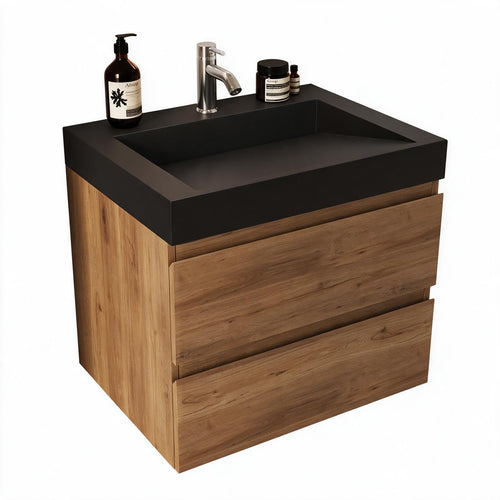 LOMAZOO badkamermeubel Zarivo - zwevend - zwarte wastafel - warm eiken - 60 cm