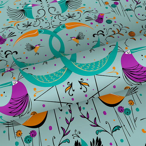 Walls4You behang vogels turquoise, oranje en paars - 53 cm x 10 m - 640128