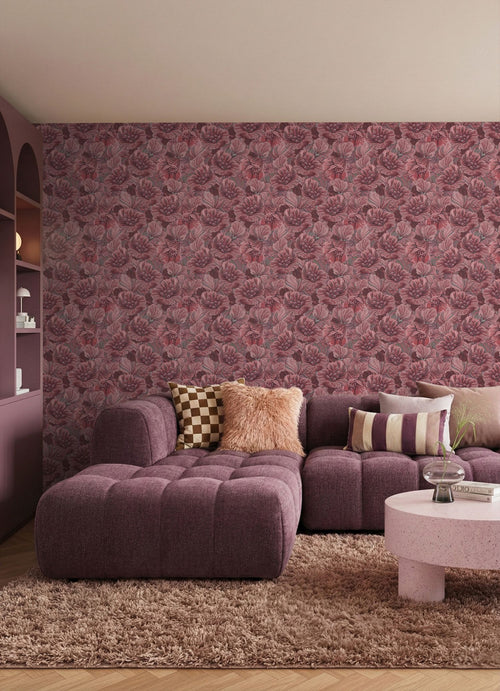 ESTAhome behang geborduurd bloemmotief mauve paars - 50 x 900 cm - 131871