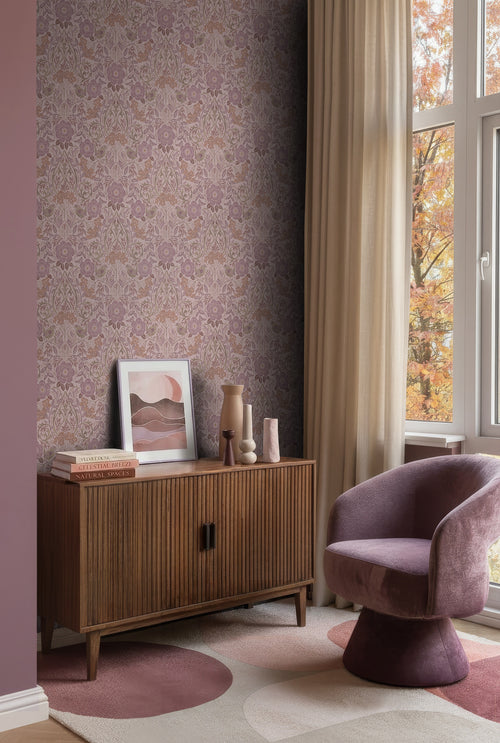 ESTAhome behang bloemen en vogels oudroze en lila paars - 50 x 900 cm - 131209