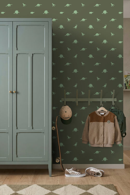 ESTAhome behang dinosaurussen donkergroen - 50 x 900 cm - 131802
