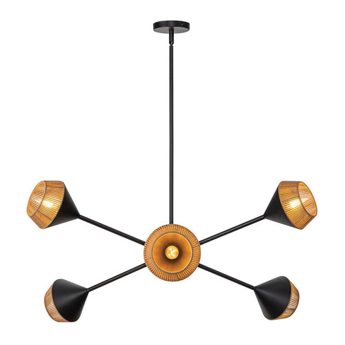 Mehrarmige Pendel-Deckenleuchte Modern Mattschwarz, Natur 6x E14