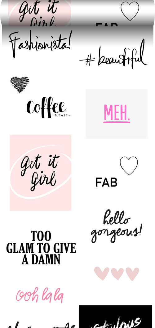 ESTAhome XXL behang hippe quotes zwart, wit en roze - 50 x 900 cm - 158815