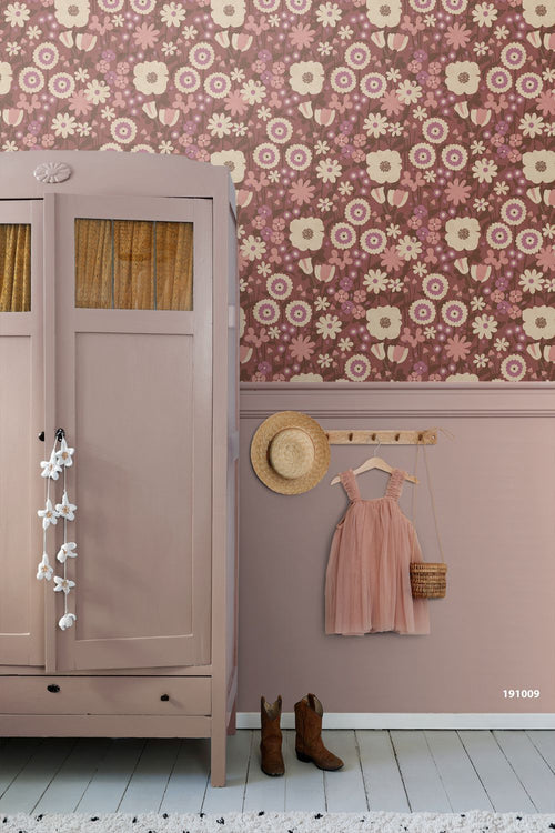ESTAhome behang retro bloemen aubergine paars en roze - 50 x 900 cm - 132162