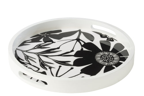 J-Line plateau Rond met Handvaten Bloemen - hout - zwart/wit - vtwonen shop