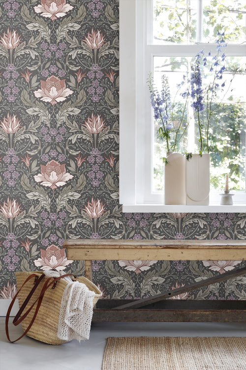 ESTAhome behang vintage bloemen in art nouveau stijl vergrijsd groen en bruin - 50 x 900 cm - 131084 - vtwonen shop