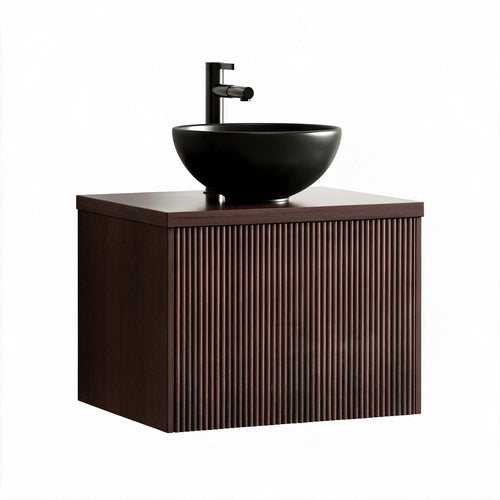 LOMAZOO badkamermeubel Messina - geribbeld - zwevend - opbouw - zwarte waskom - walnoot - 60 cm