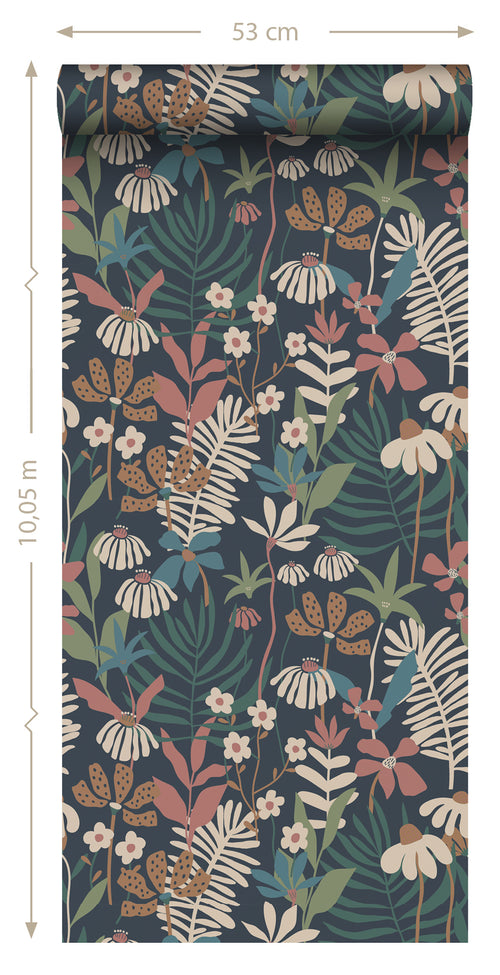 ESTAhome behang tropische bladeren en bloemen donkerblauw en meerkleurig - 50 x 900 cm - 130999 - vtwonen shop