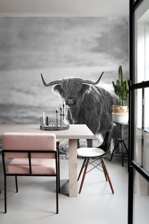 Sanders & Sanders fotobehang schotse hooglander zwart wit - 300 x 279 cm - 950001