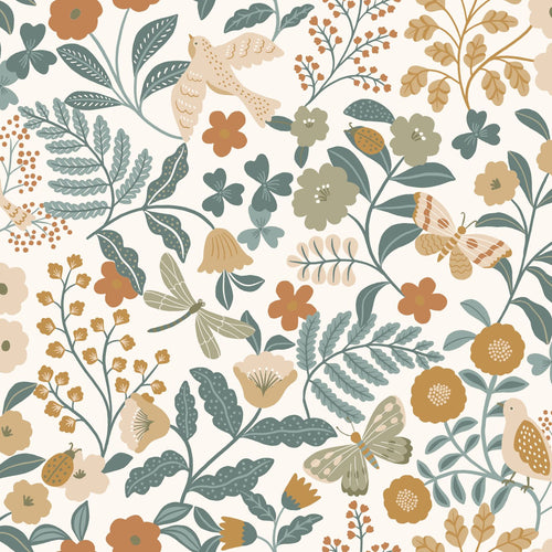 ESTAhome behang bloemen en vogels grijsblauw, olijfgroen en okergeel - 53 cm x 10.05 m - 139865