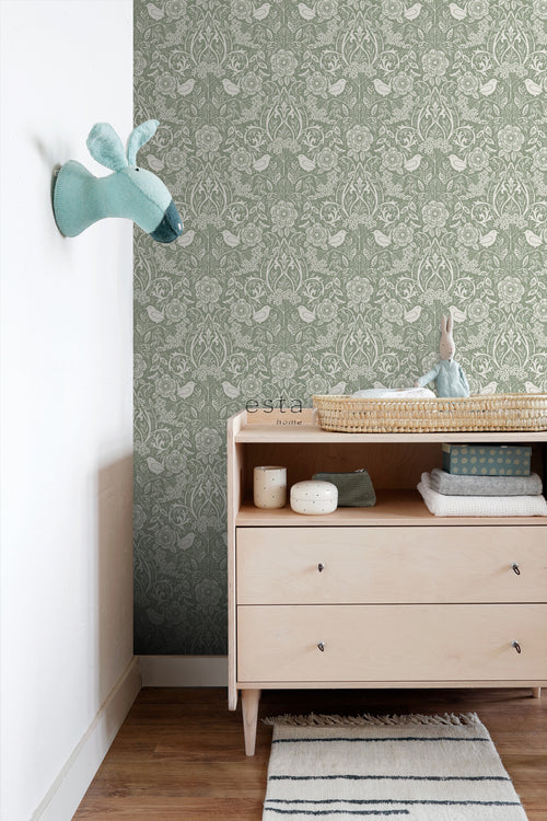 ESTAhome behang bloemen en vogels in art nouveau stijl vergrijsd groen - 53 cm x 10.05 m - 139293