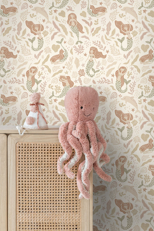 ESTAhome behang zeemeerminnen vergrijsd groen, beige en terracotta - 50 x 900 cm - 131498 - vtwonen shop