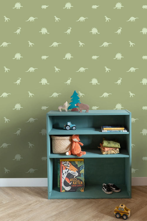 ESTAhome behang dinosaurussen vergrijsd groen - 50 x 900 cm - 131804