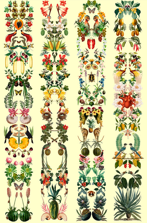 Walls4You fotobehang tropische bladeren en bloemen pastel geel en meerkleurig - 300 x 212 cm - 640101