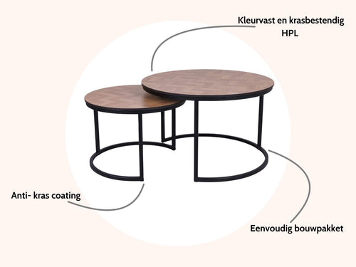 MaximaVida ronde salontafel set Copenhagen 58 en 45 cm - HPL fishbone look