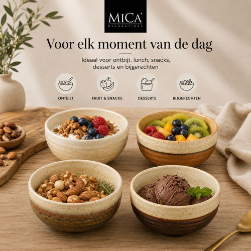Mica Decorations Kommen Set 4 Stuks - Schaaltjes Set van Steengoed - Ontbijtkommen, Dessertkommen en Snackkommen - Ø11 x 5,5 cm - Aardetinten