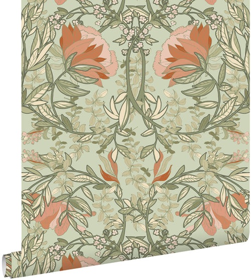 ESTAhome behang vintage bloemen in art nouveau stijl groen en terracotta - 50 x 900 cm - 131852