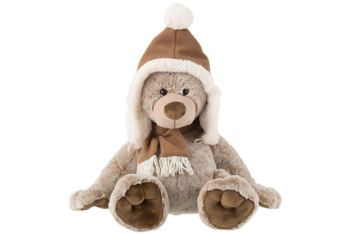 J-Line knuffel Beer + Muts - polyester - bruin - large