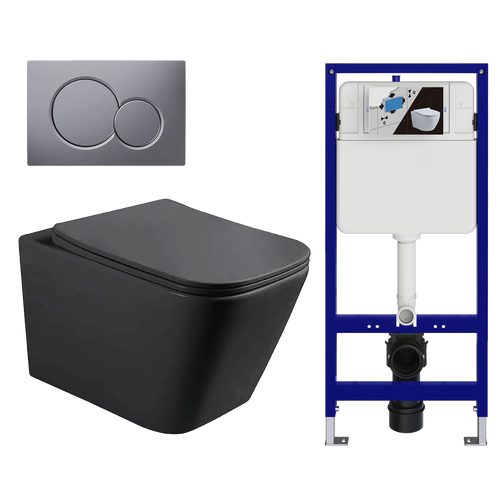 LOMAZOO hangtoiletset Linea - met inbouwreservoir & ronde drukplaat - vierkant - gun metal / zwart