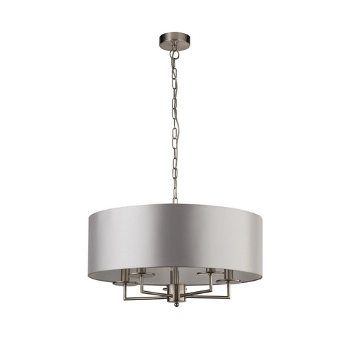Searchlight KNIGHTSBRIDGE - Hanglamp van satijnzilver met 5 lampen en kap van zilver imitatiezijde