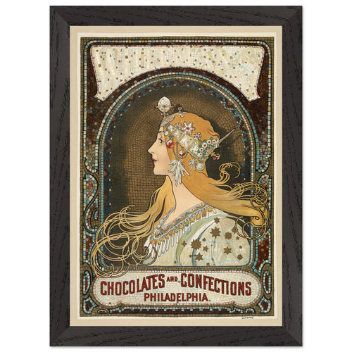 Artfulprints Poster met Lijst Alphonse Mucha - Chocolates and confections Philadelphia   - A4 21x29.7 cm - Bruin