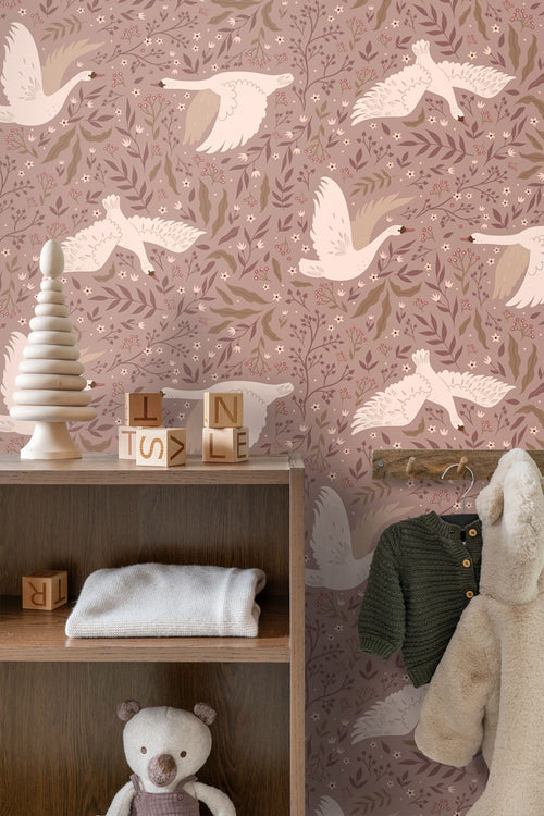 ESTAhome behang zwanen mauve paars - 0.53 x 10.05 m - 131858