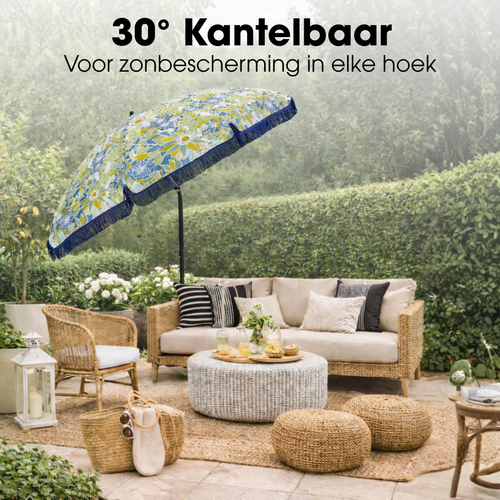 Mica Decorations Parasol Bloem - Stokparasol 238 x d220 cm - Strandparasol of Tuinparasol voor Schaduw - Bloemen Design - Blauw Groen