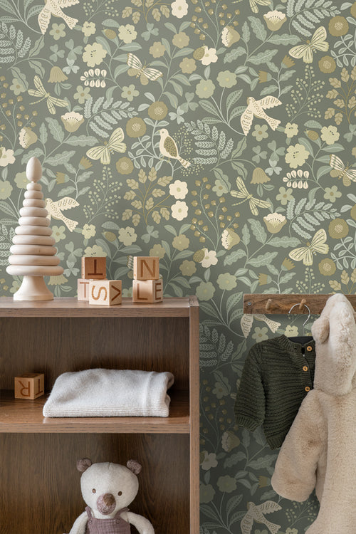 ESTAhome behang bloemen en vogels vergrijsd groen - 50 x 900 cm - 131465 - vtwonen shop