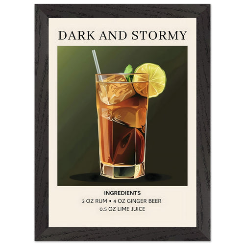 Artfulprints Poster met Lijst Dark and Stormy cocktail - Ingrediënten   - A4 21x29.7 cm - Donkergroen