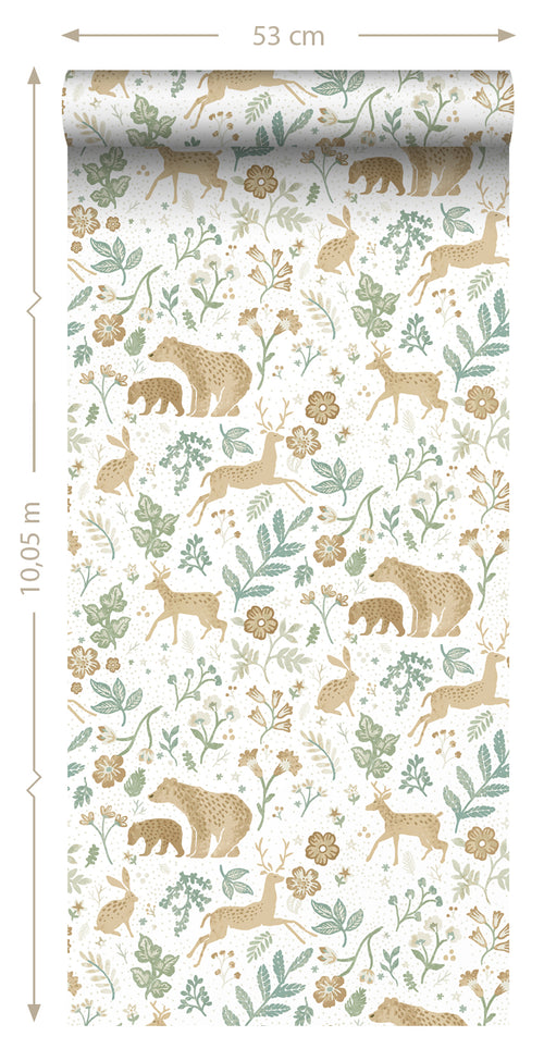 ESTAhome behang bos met bosdieren groen en beige - 53 cm x 10.05 m - 139586