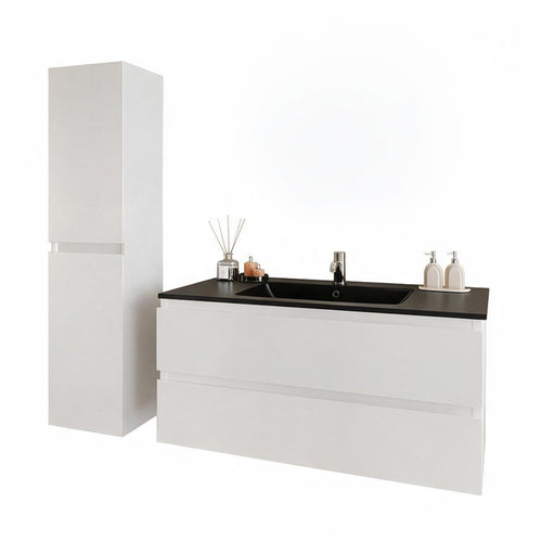LOMAZOO badmeubelset Verona - met kolomkast & zwarte wastafel - glanzend wit - 100 cm
