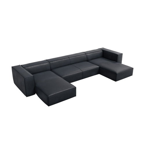 Cosmopolitan Design - Panoramische bank Turin 6-zits, echt leer blauw - 173x375x68cm
