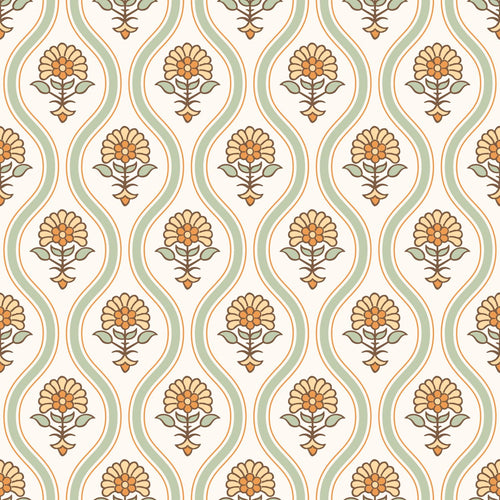 ESTAhome behang vintage bloemen groen, geel en oranje - 50 x 900 cm - 131739