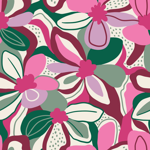 ESTAhome behang bloemmotief fuchsia roze, groen en wit - 50 x 900 cm - 131131