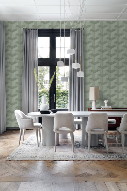 Origin Wallcoverings behang grafisch 3D motief vergrijsd groen - 53 cm x 10.05 m - 347951