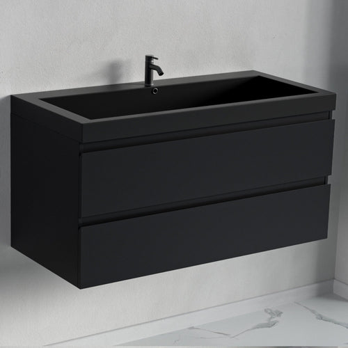 LOMAZOO badmeubelset Avalon - met hoge kast & zwarte wastafel - mat zwart - 100 cm