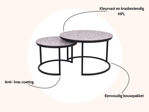MaximaVida ronde salontafel set Lucca XL 75 en 58 cm - HPL terrazzo look