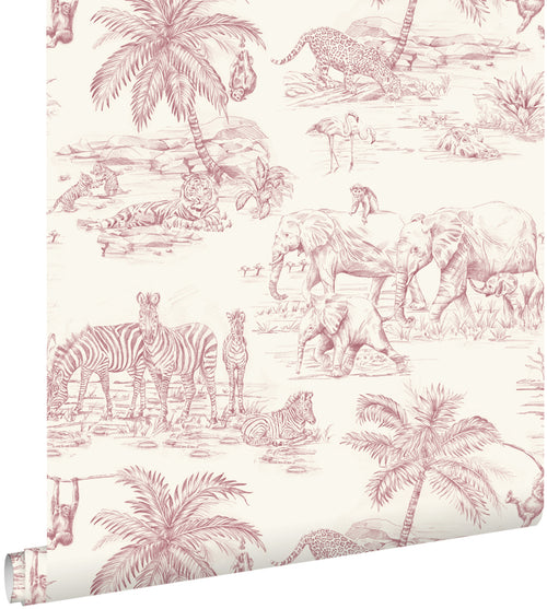 ESTAhome behang jungle dieren bordeaux rood en wit - 50 x 900 cm - 132122