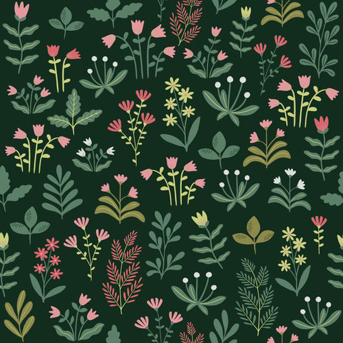 ESTAhome behang veldbloemen donkergroen en roze - 50 x 900 cm - 131099 - vtwonen shop