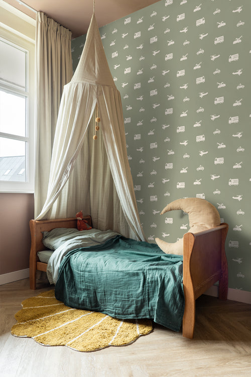 ESTAhome behang auto's, brandweerauto's, helikopters en kranen vergrijsd groen - 50 x 900 cm - 131454 - vtwonen shop