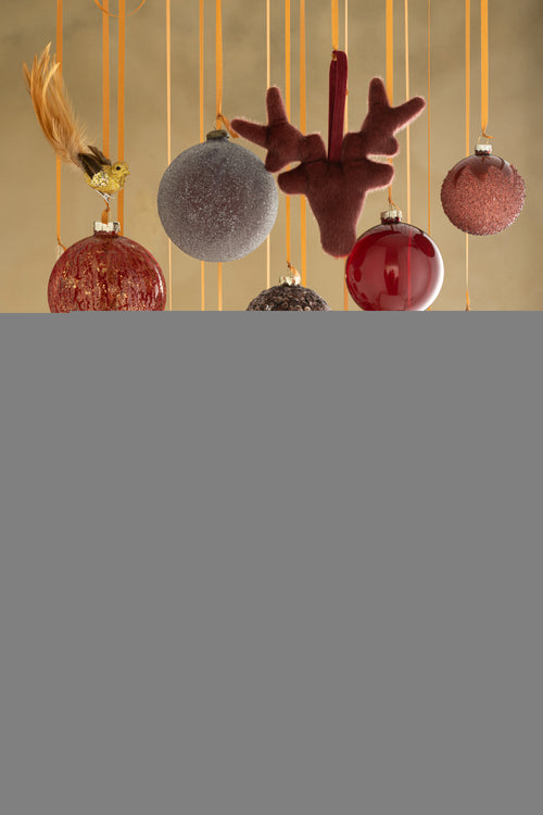 J-Line kerstbal Bloemen - fluweel/glas - burgundy - large - doos van 4