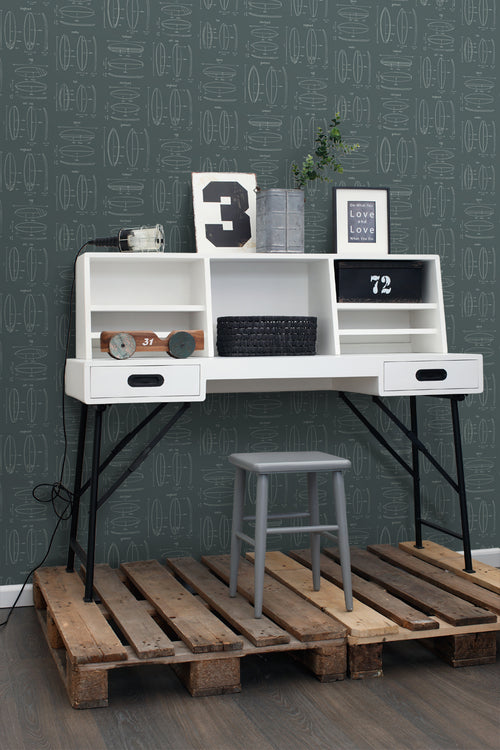 ESTAhome behang technische tekeningen van surfplanken vergrijsd groen - 53 cm x 10.05 m - 128870