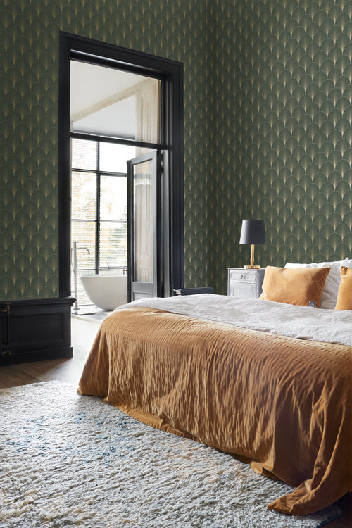 ESTAhome behang art deco motief donkergroen en goud - 53 cm x 10.05 m - 139584